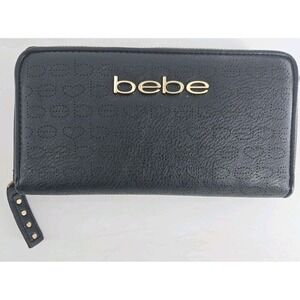 Bebe Women's‎ Wallet Zip Around Closure Organizer 8"x4" Black - Embroidered